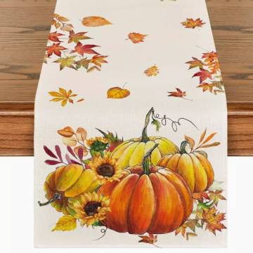 Thanksgiving Fiberflax Tablecloth, Pumpkin Maple Leaf , 33*183cm